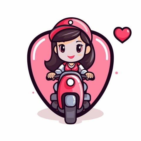 Cute girl riding a motorbike in a heart shape. Vector illustrati