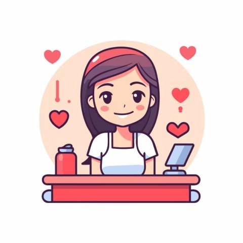 Girl in apron sitting at table with laptop. Vector illustration.