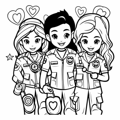 Coloring book for children. Nursery Girl and boy in uniform