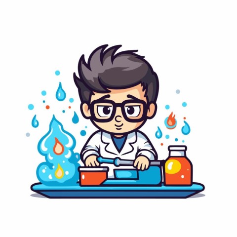 Cute boy scientist character in lab coat and glasses. Vector ill