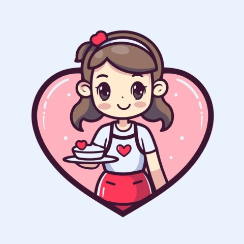 Cute girl in heart shape holding plate of cake. Vector illustrat