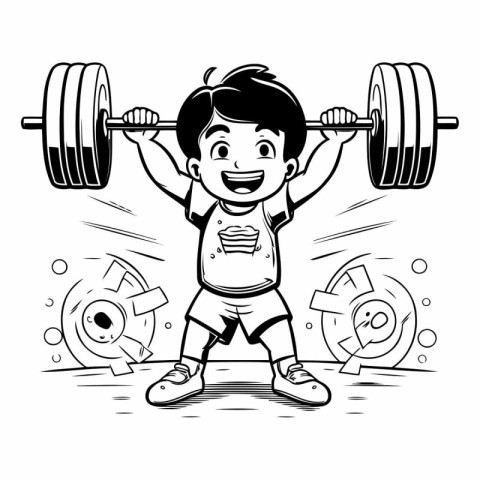 Cartoon boy lifting a barbell in the gym. Vector illustration.