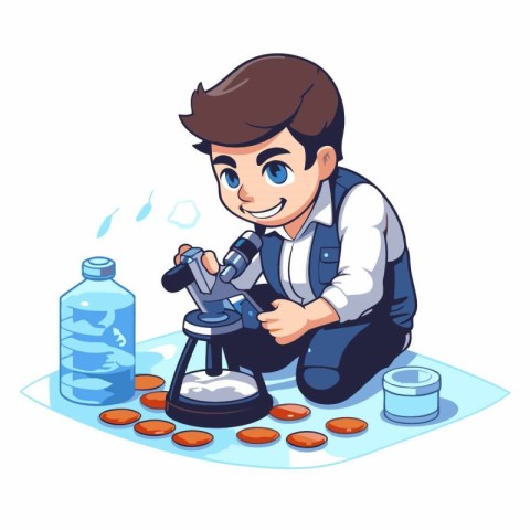 Scientist boy working with microscope. Vector illustration in ca