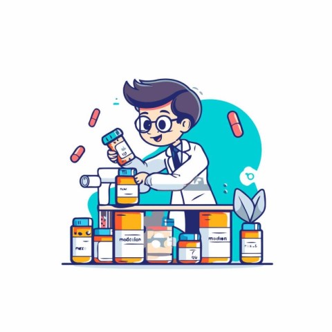 Pharmacist with a lot of medicine bottles. Vector illustration.