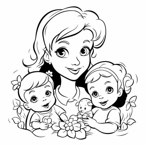 Beautiful mother with her two children. black and white vector i