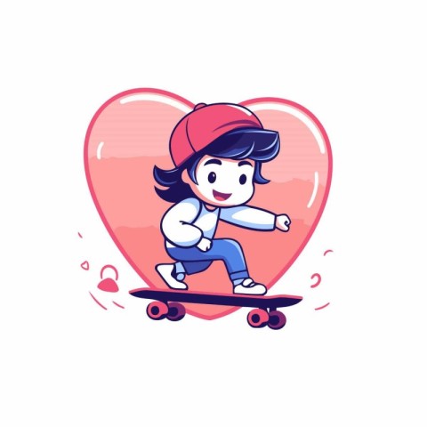 Boy riding a skateboard on a pink heart. Vector illustration.