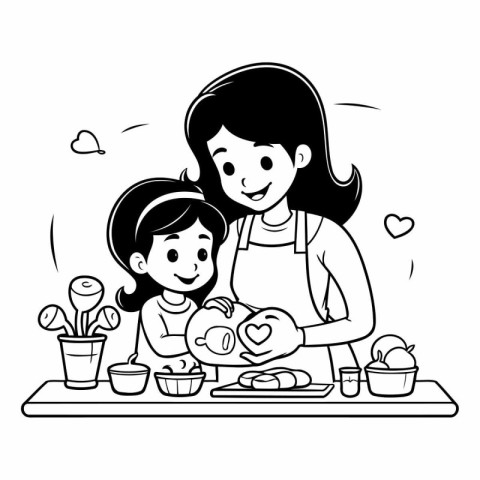 Mother and daughter cooking together in the kitchen. Black and w