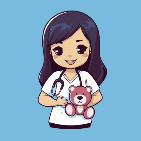 cute little girl with stethoscope and teddy bear vector illustra