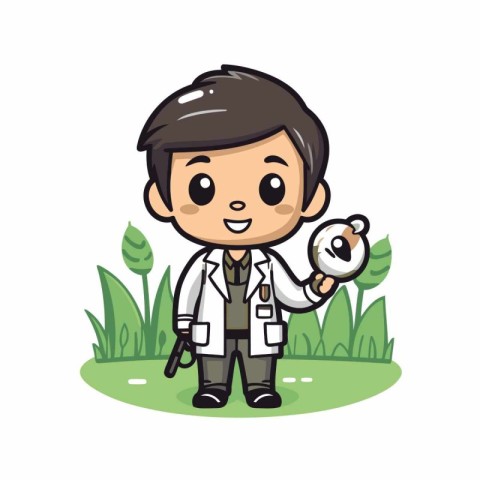 Doctor holding a magnifying glass in the park. Vector illustrati