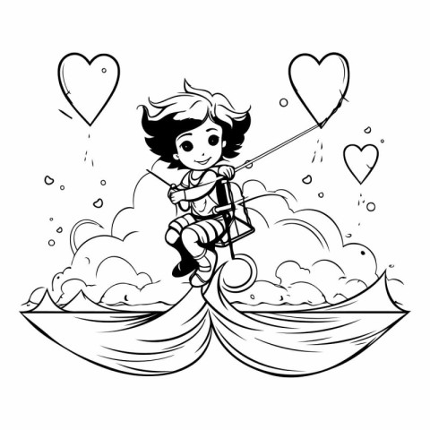 Cupid flying in the sky. Black and white vector illustration.