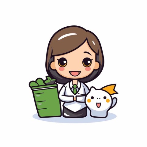 Cute veterinarian girl with piggy bank and cat cartoon vector il