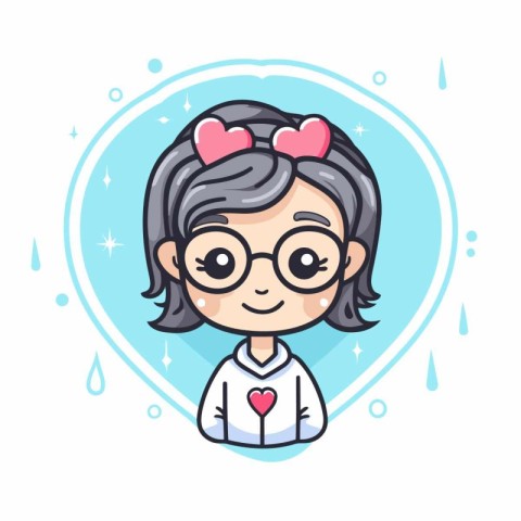 Cute little girl with heart shaped hair and glasses. Vector illu