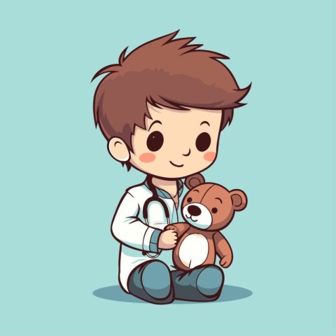 Cute boy playing doctor with teddy bear. Vector illustration.