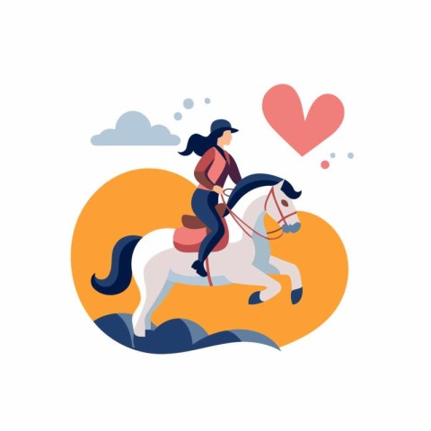 Cute girl riding a horse. Vector illustration in flat style.