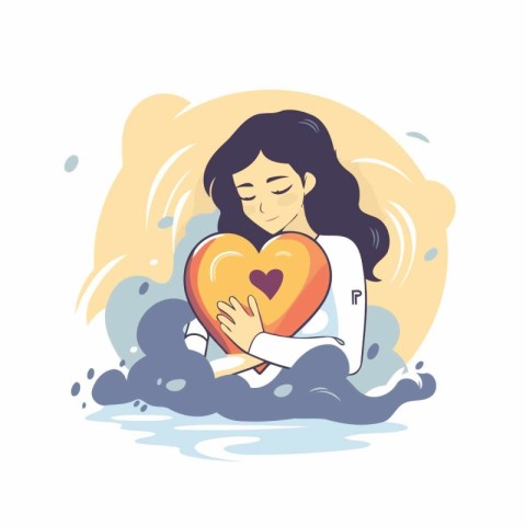 Vector illustration of a young woman holding a big heart in her