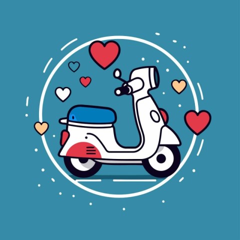 Cute scooter with hearts on blue background. Vector illustration