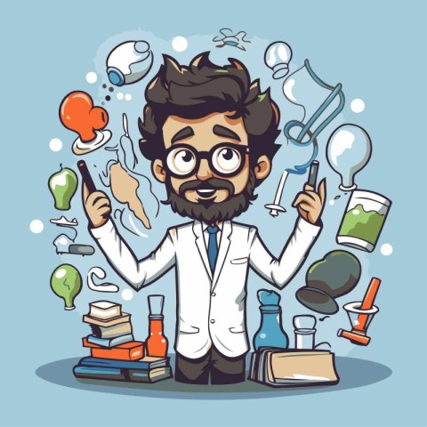 Vector illustration of a cartoon scientist with a set of science