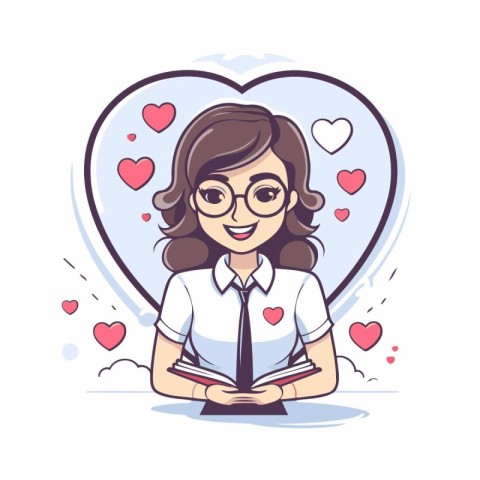 Cute schoolgirl holding book in heart shape. Vector illustration