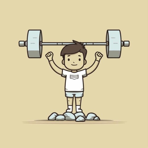 Cartoon character of a boy lifting a barbell. Vector illustratio