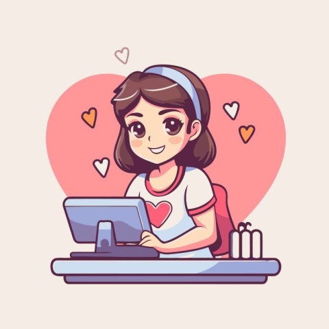 Girl using laptop computer at home. Vector illustration in carto