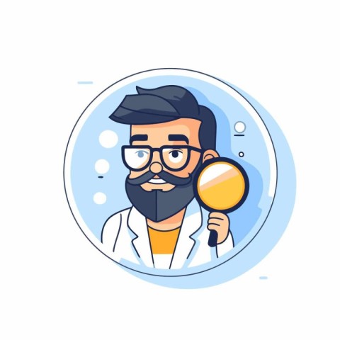 Man with beard looking through magnifying glass. Vector illustra