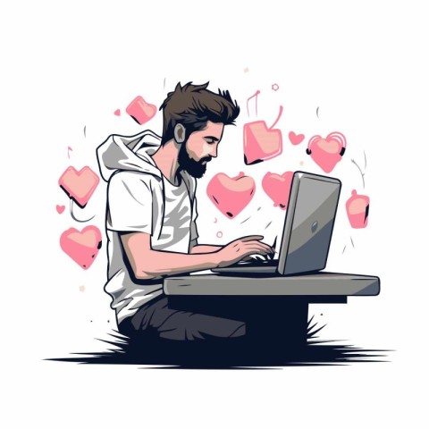 Vector illustration of a man with a laptop and hearts around him