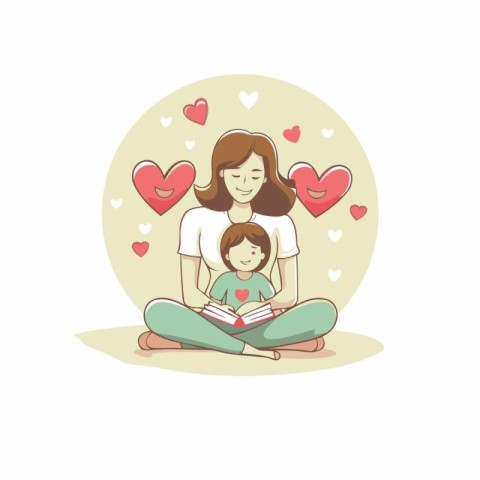 Mother and daughter reading a book together. Vector illustration