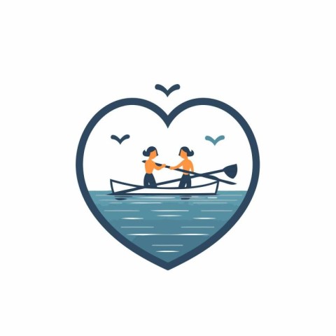 Couple rowing in a heart shaped vector logo design template.