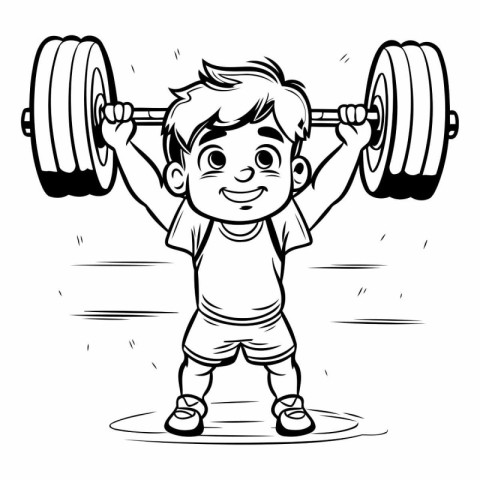 Boy lifting a barbell. black and white vector cartoon illustrati