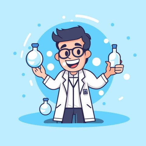 Vector cartoon illustration of scientist holding glass flask wit