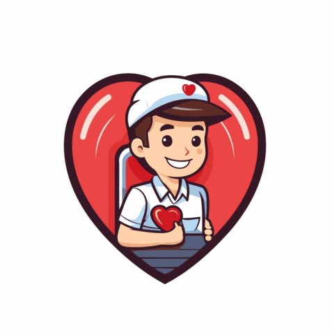 Cute nurse holding a red heart. Vector illustration in cartoon s