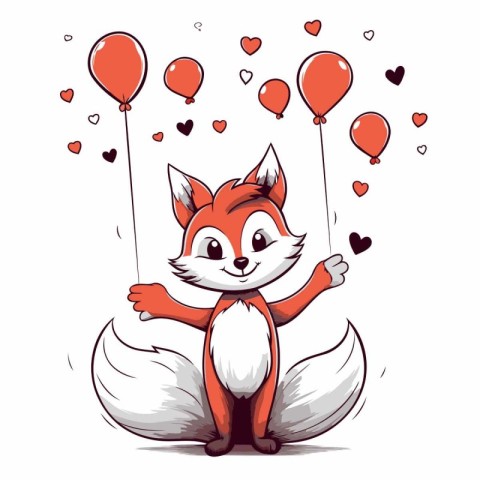 Cute cartoon fox with balloons in the form of hearts. Vector ill