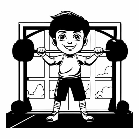 Fitness boy cartoon in the gym with barbell vector illustration