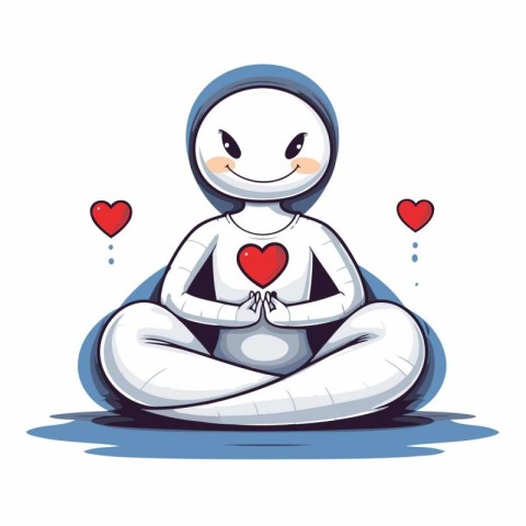 Cute astronaut sitting in lotus position and holding heart. Vect