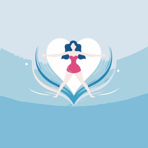 Swimming woman on the sea. Vector illustration. Flat design.