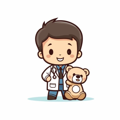 cute boy doctor with teddy bear cartoon vector illustration grap