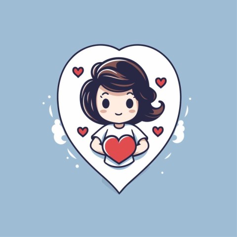 Cute little girl with heart shape icon. Vector cartoon illustrat