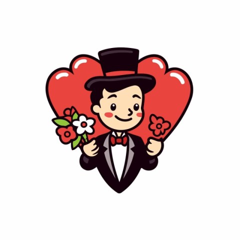 Cute gentleman with heart and flowers. Vector illustration in ca