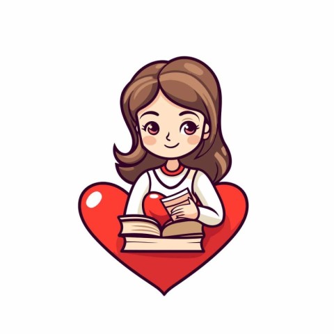 Cute cartoon girl reading a book with a big red heart.