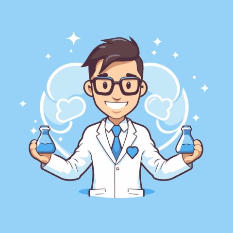 Vector illustration of a cartoon scientist holding a flask with