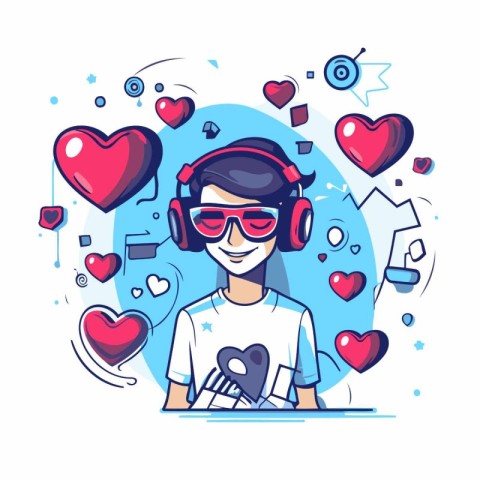 Young man listening to music with headphones. Vector illustratio