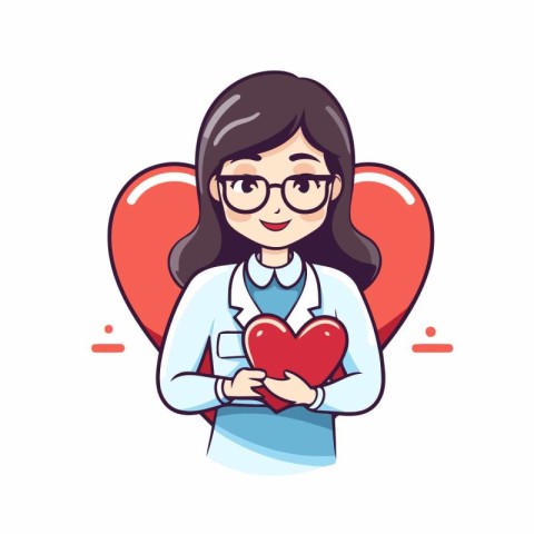 Vector illustration of a woman doctor holding red heart in her h