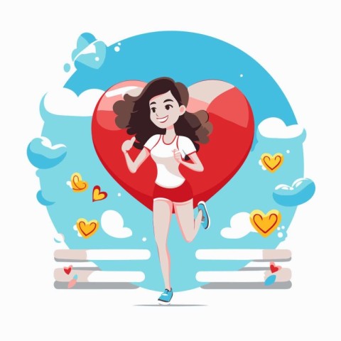 Vector illustration of a girl running with a red heart in her ha