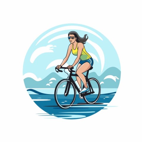 Young woman riding bicycle on the beach. Vector illustration in