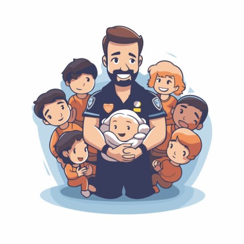 Vector illustration of a happy father with his children. Cartoon