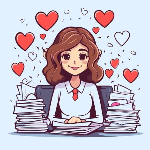 Cartoon businesswoman sitting at her desk with a pile of documen