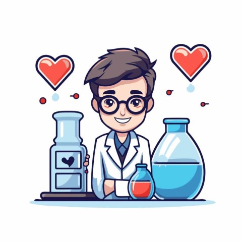 Scientist with flask and love potion. Vector illustration in car