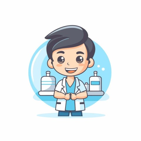 Cartoon doctor in lab coat holding bottle of medicine vector Ill