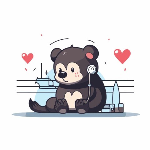 Cute cartoon bear with stethoscope and heart. Vector illustratio