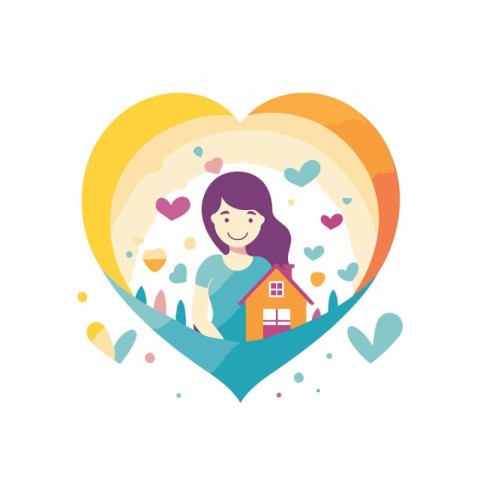 Vector illustration of a girl with a house in the shape of a hea